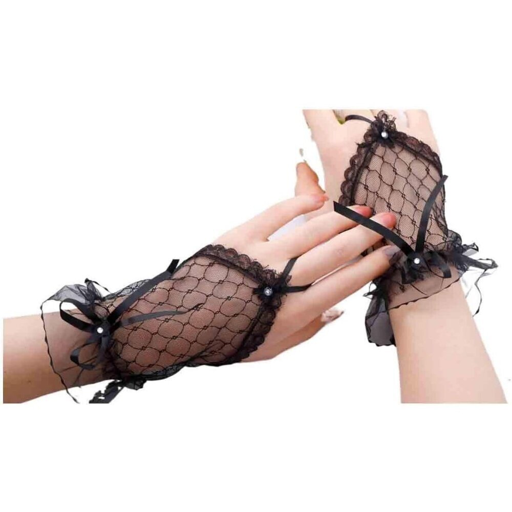 Women's Rhinestone Black Bow Lace Gloves Fingerless Bridesmaids Accessories